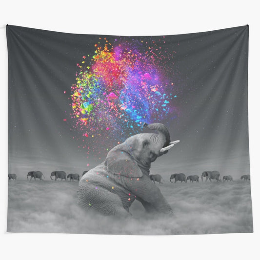 Vibrant tapestry featuring a colorful elephant in a surreal, artistic style