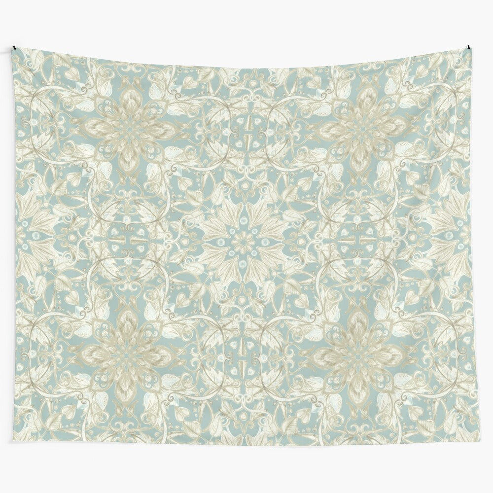 Hand-drawn floral pattern tapestry in soft sage and cream colors