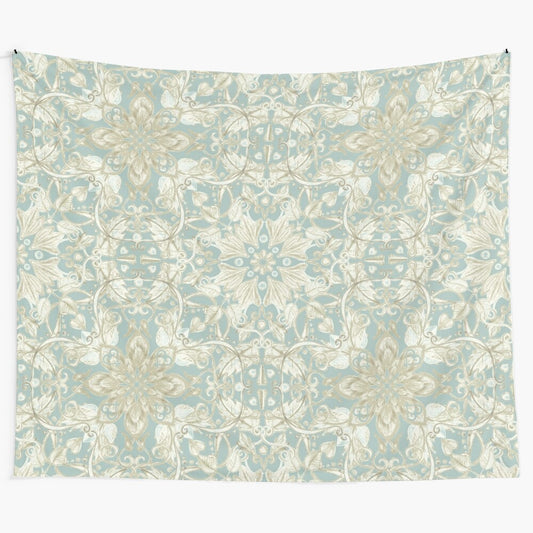 Hand-drawn floral pattern tapestry in soft sage and cream colors