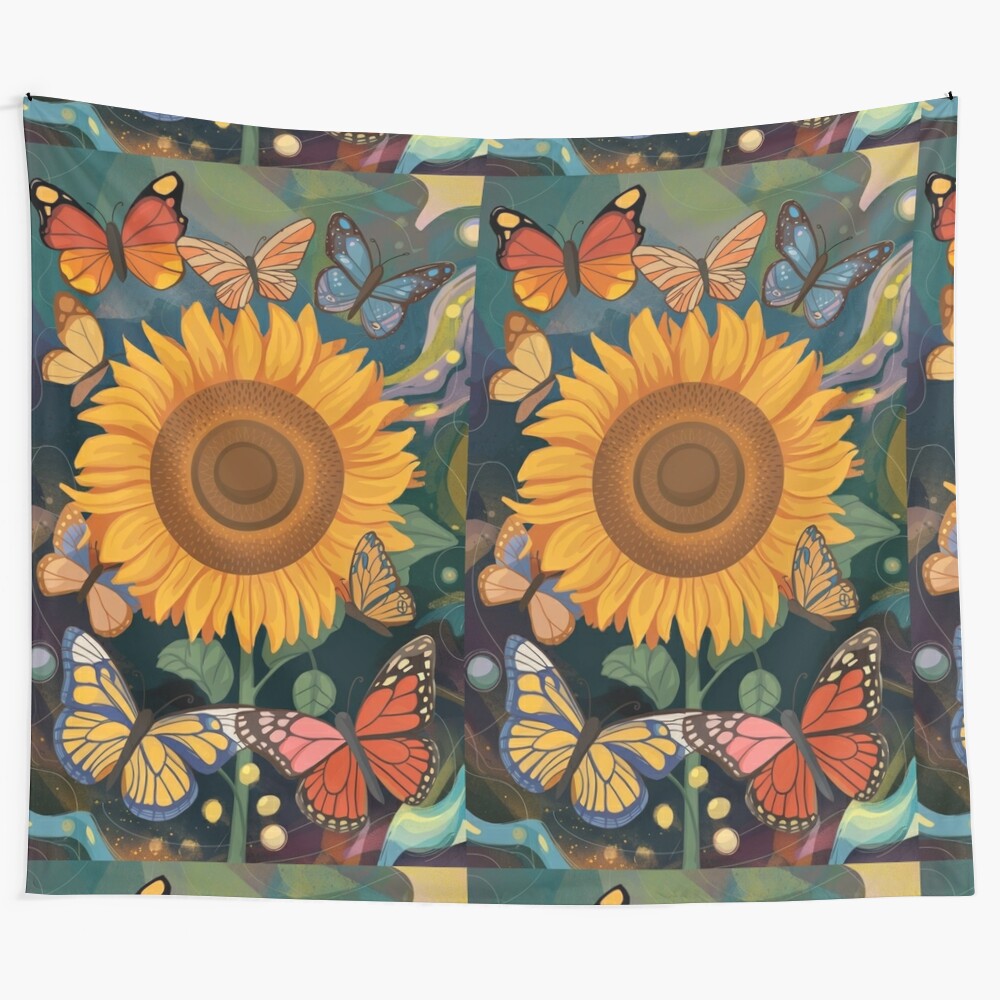 Sunflower tapestry with colorful butterflies in a whimsical nature scene