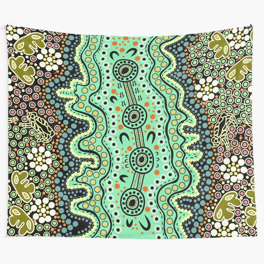 Wiradjuri tapestry featuring indigenous camping scene in Australia