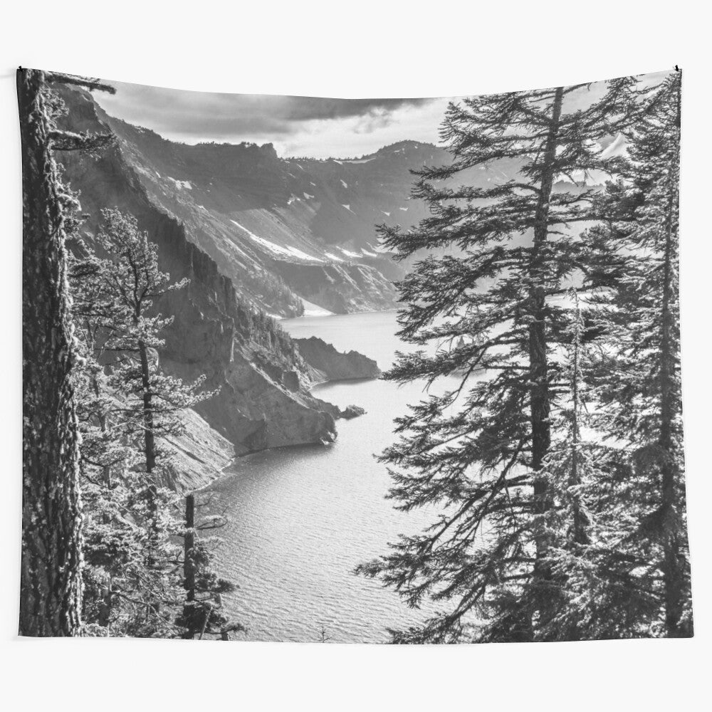 Black and white tapestry featuring the scenic Crater Lake in Oregon's beautiful mountain forest landscape