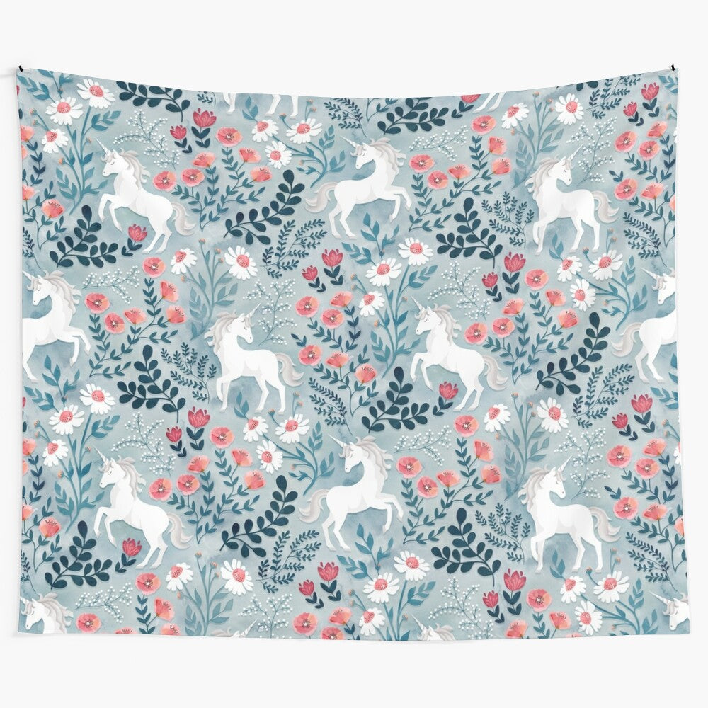 Colorful and whimsical unicorn and floral garden tapestry design by Adenaj