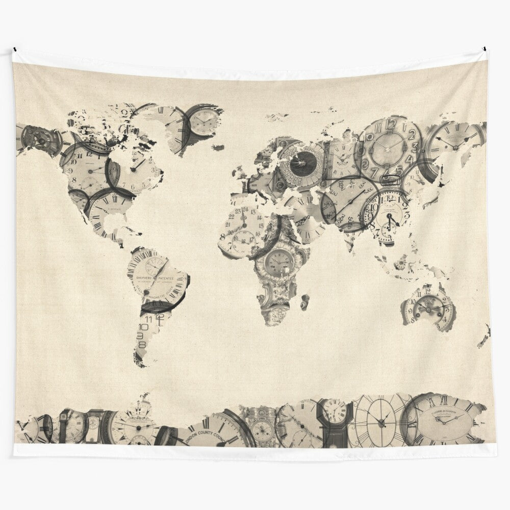 Vintage map of the world tapestry featuring old clock designs