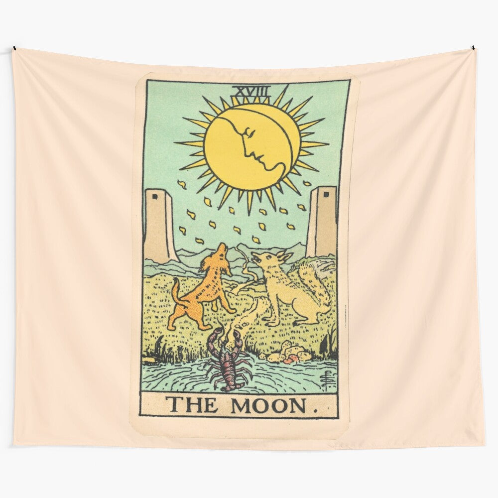 Moon tarot card tapestry featuring a gothic, mystical design