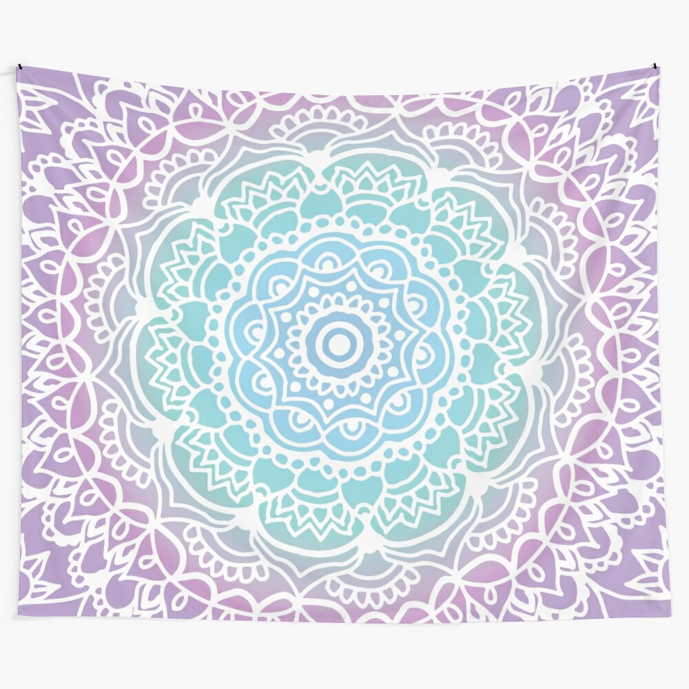 Purple and blue gradient mandala flower tapestry with hand-drawn doodle design