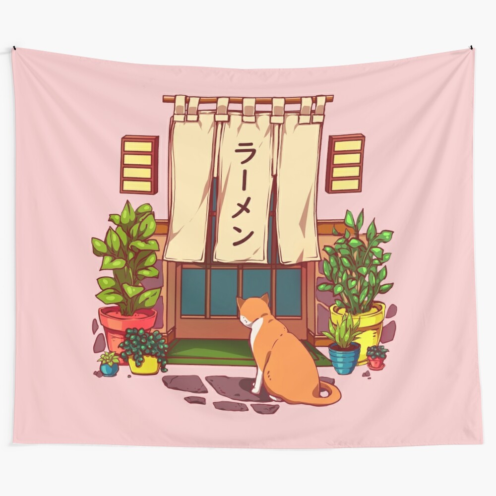 Colorful tapestry depicting a red cat and a Japanese ramen shop in an anime-inspired aesthetic