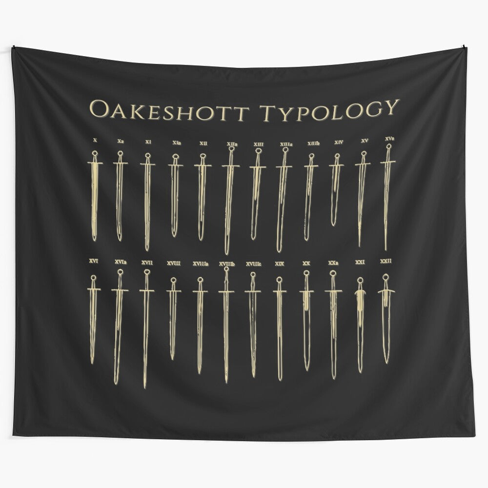 Tapestry showcasing historical swords in the Oakeshott typology