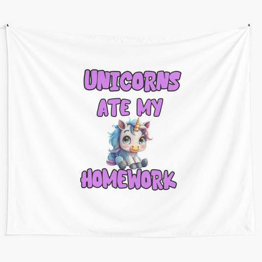 Whimsical unicorn tapestry with rainbow and text "unicorns ate my homework"