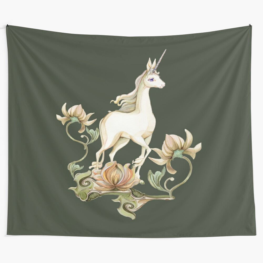 Whimsical floral tapestry featuring a unicorn in a fantasy garden