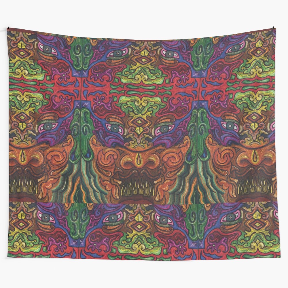 Vibrant and colorful trippy tapestry with ancient tribal and psychedelic patterns