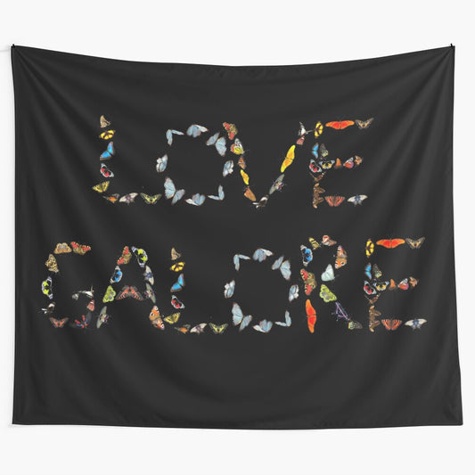 Vibrant butterfly and abstract art tapestry featuring "Love Galore" inspired design