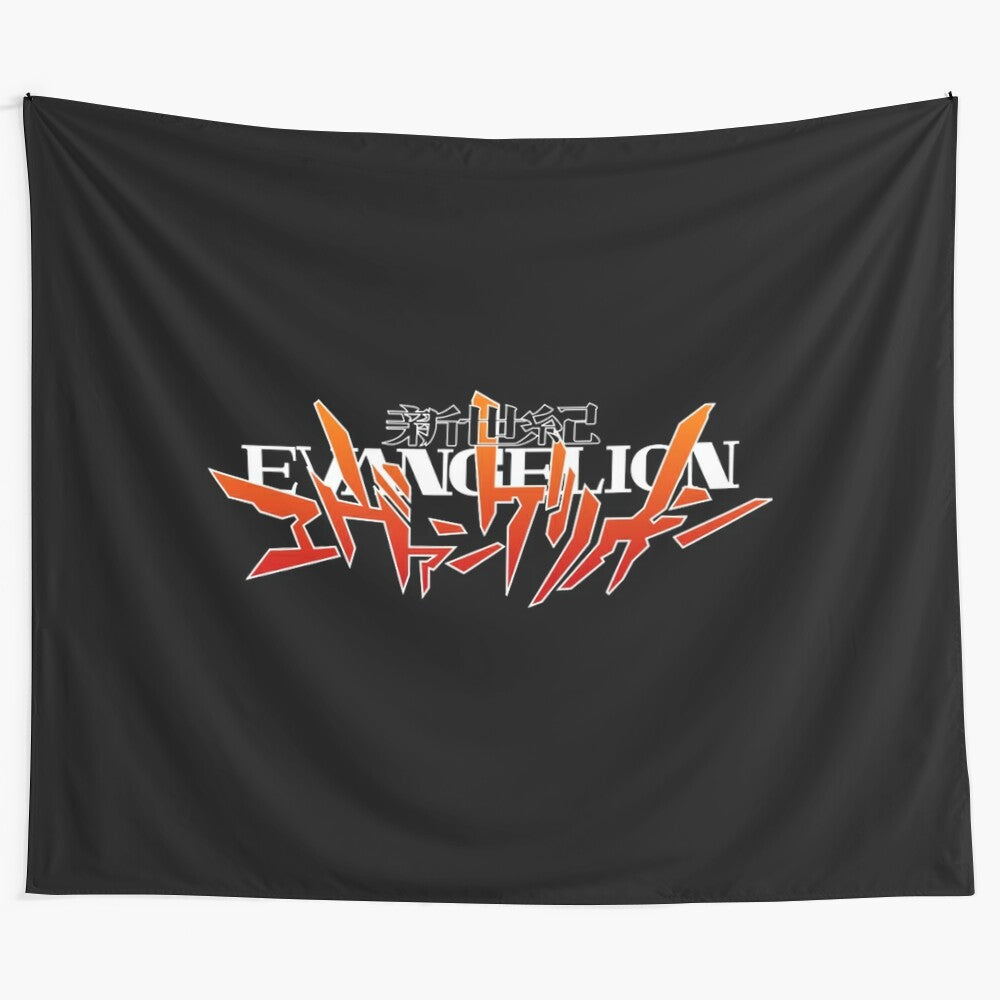 Anime-inspired Evangelion logo tapestry featuring characters from Neon Genesis Evangelion