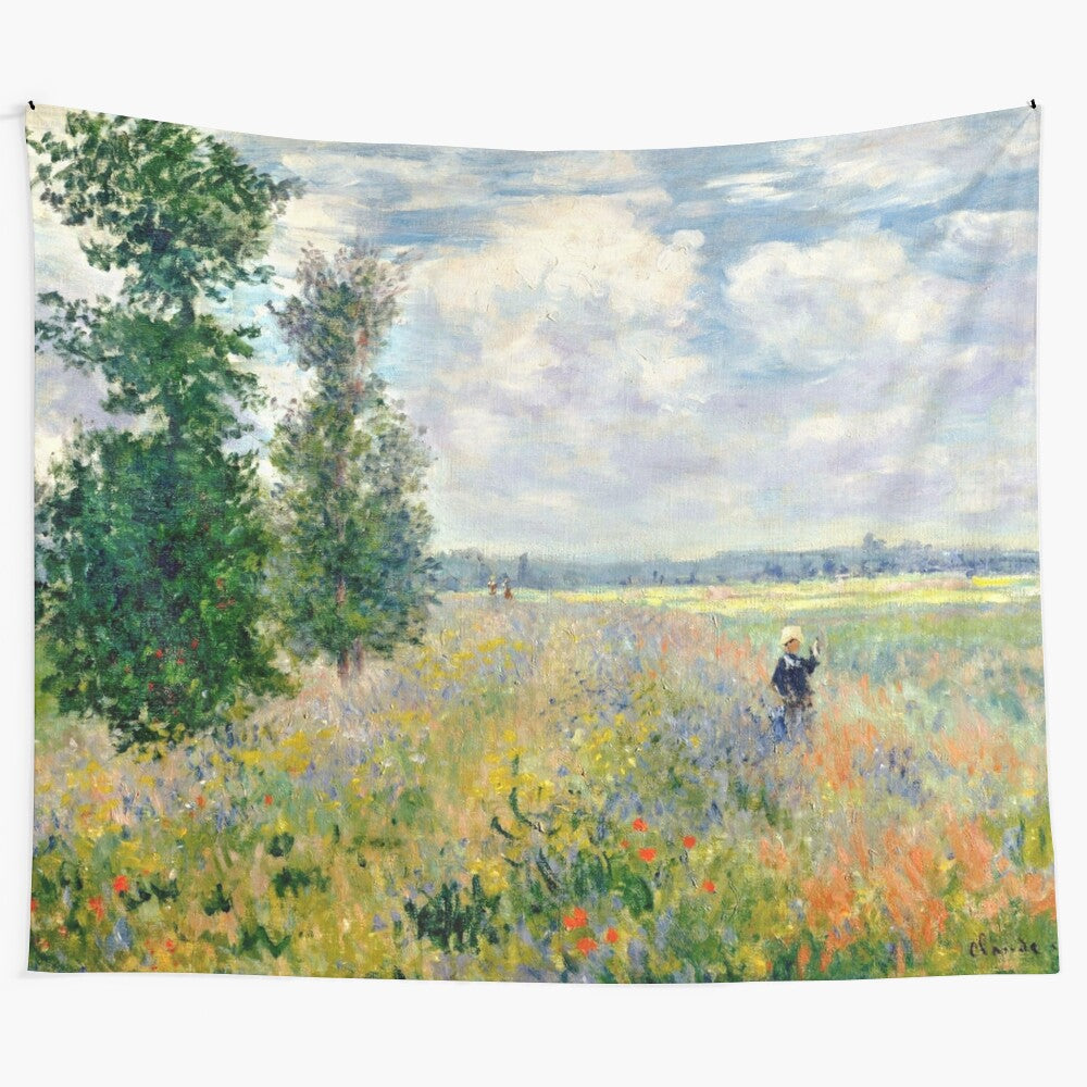 Poppies in Impressionist-style landscape tapestry inspired by Claude Monet's artwork