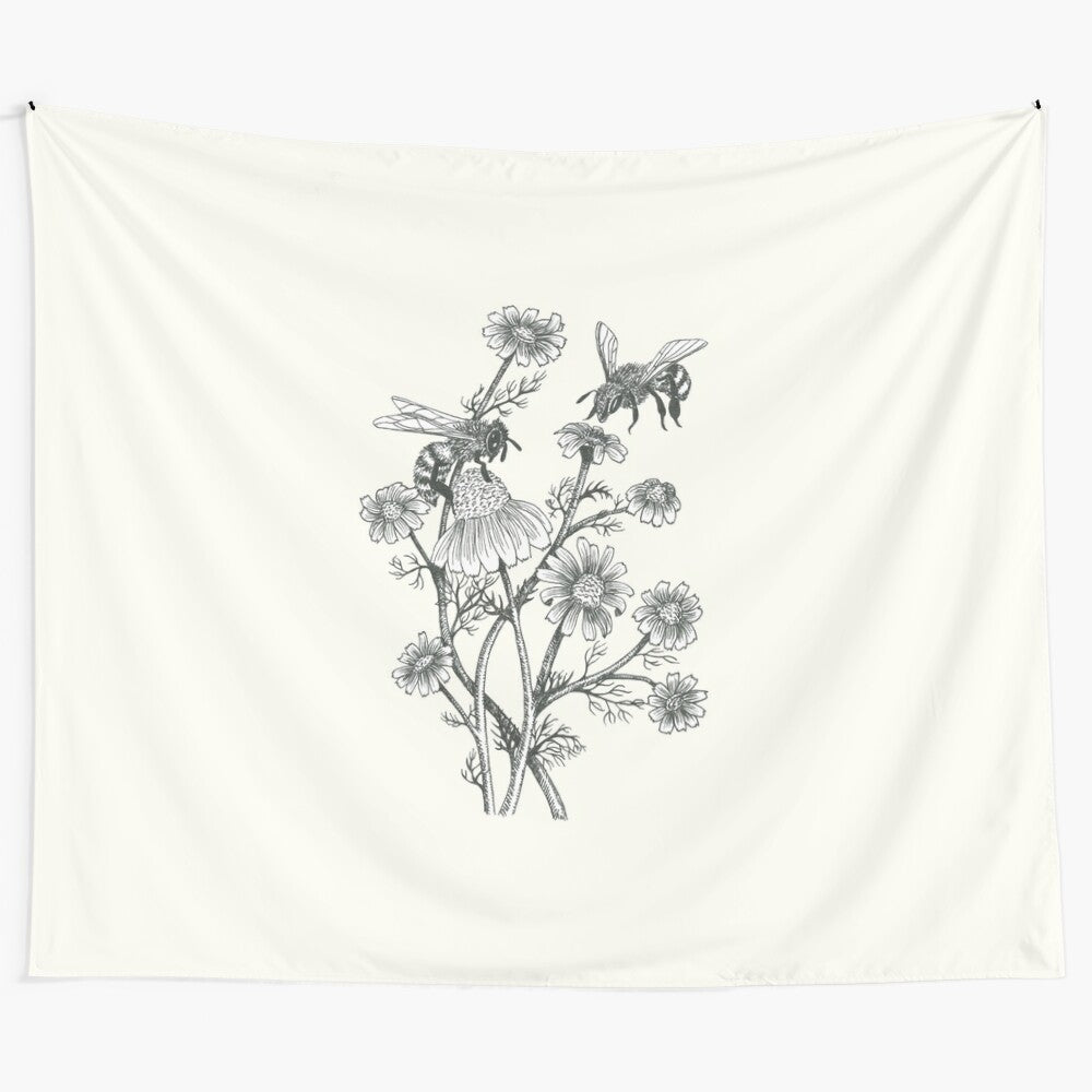 Bees and chamomile floral illustration tapestry