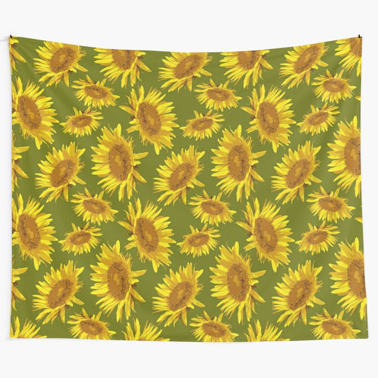 Vintage-inspired sunflower tapestry with a lush, green background