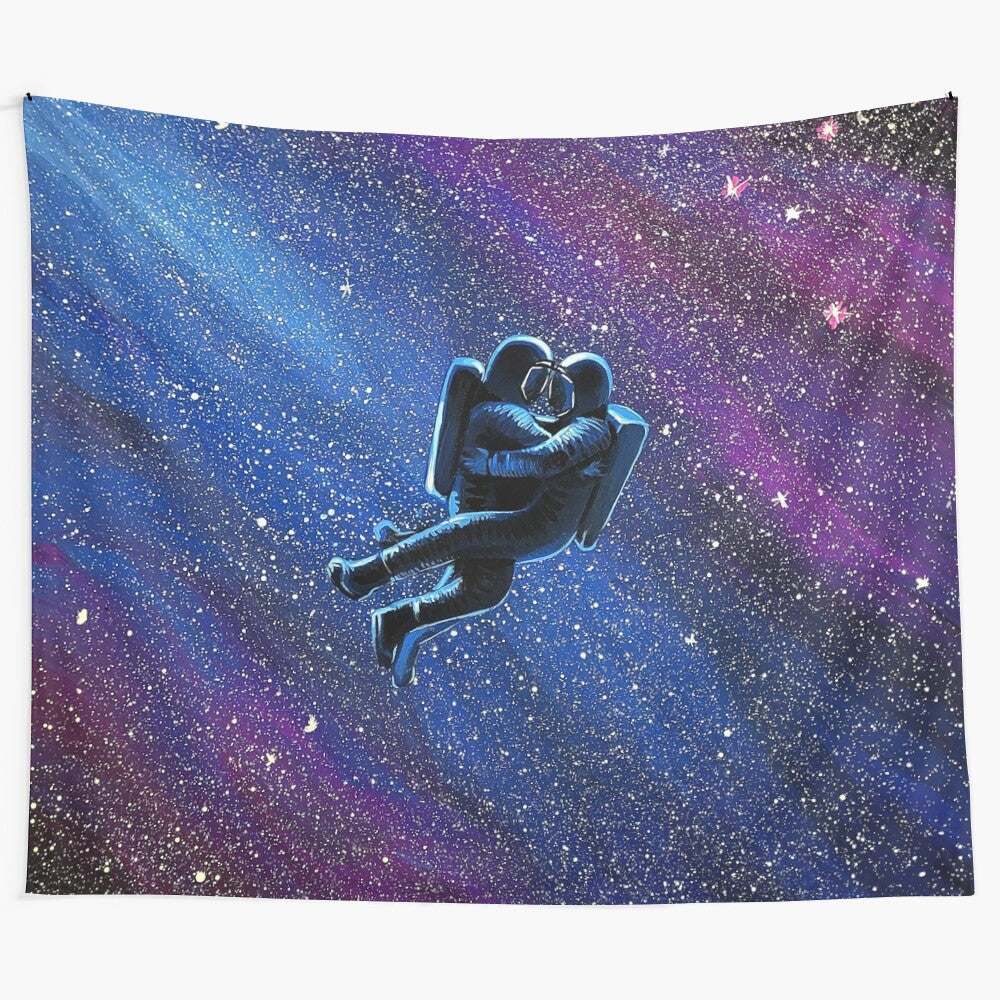 Vibrant tapestry depicting love and space exploration