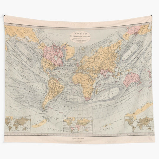 Vintage 1871 world map tapestry featuring historical geography and continents