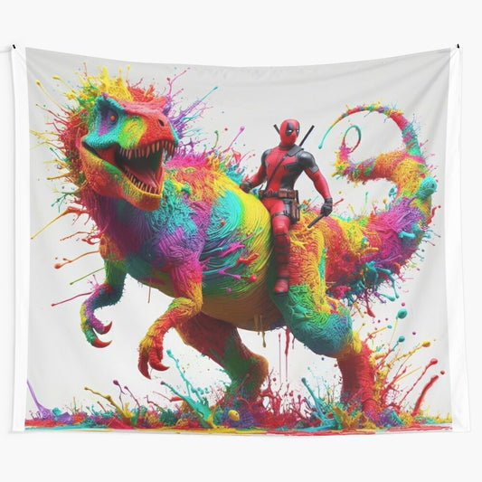 Colorful tapestry depicting a superhero riding a dinosaur in a fantasy battle scene