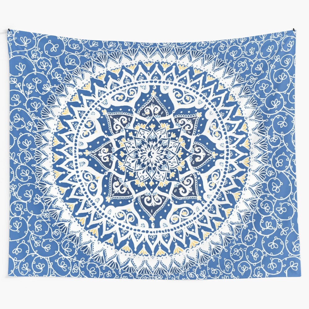 Yin Yang Mandala Pattern Blue and Yellow Tapestry