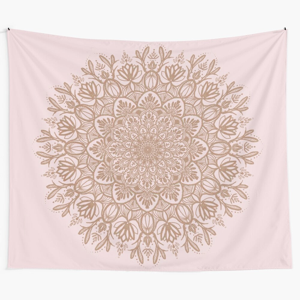 Rose gold beige mandala tapestry with intricate geometric and floral patterns