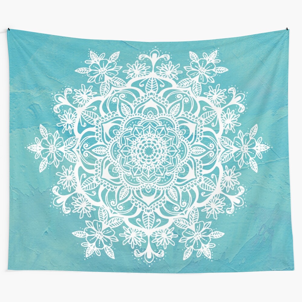 Teal blue flower mandala tapestry pattern wall art