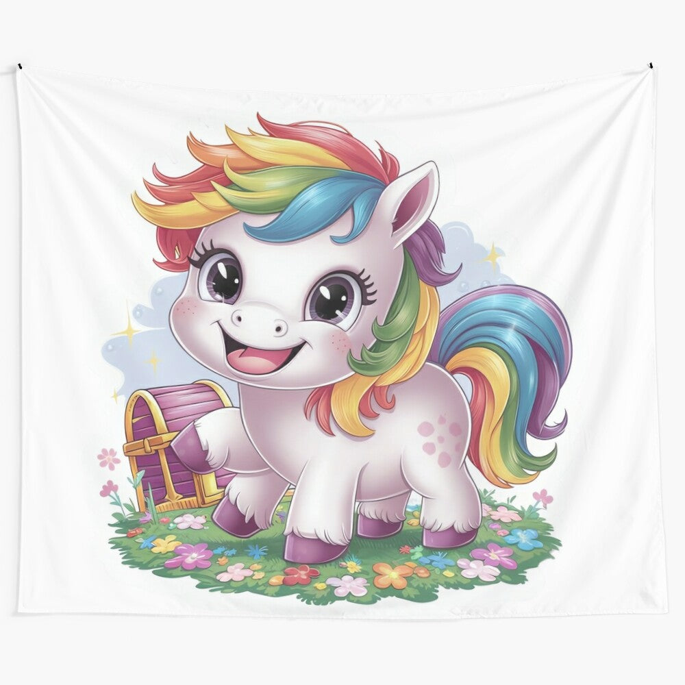 Whimsical unicorn tapestry featuring a colorful, magical creature design