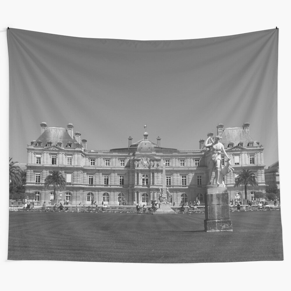 Paris Tapestry featuring a black and white cityscape of the city's iconic landmarks