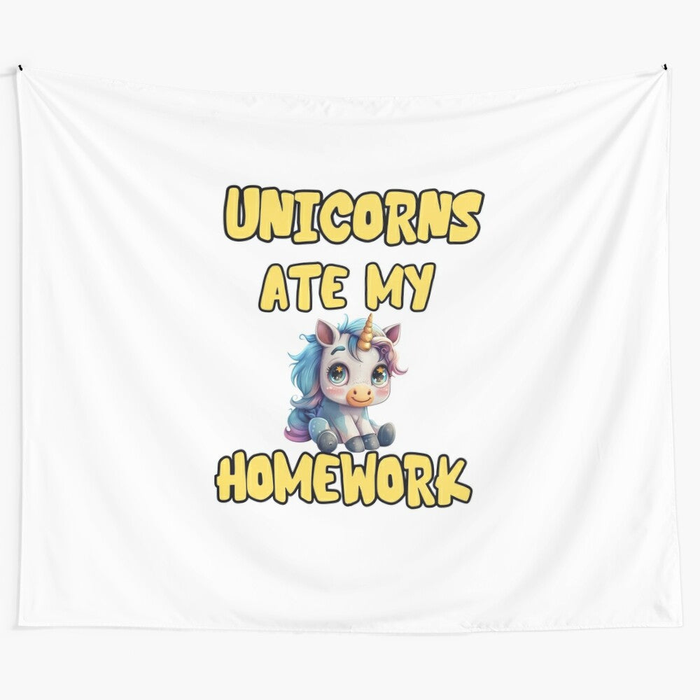 Colorful tapestry featuring a unicorn eating homework in a rainbow setting