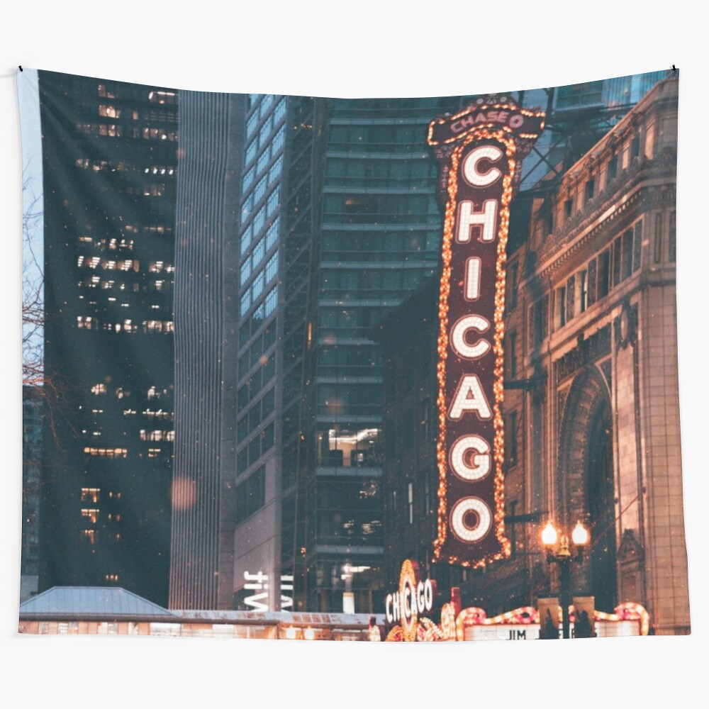 Chicago Illinois Neon Sign and Night Skyline Tapestry