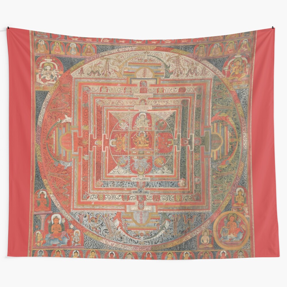 Tibetan mandala tapestry with circular pattern and spiritual design