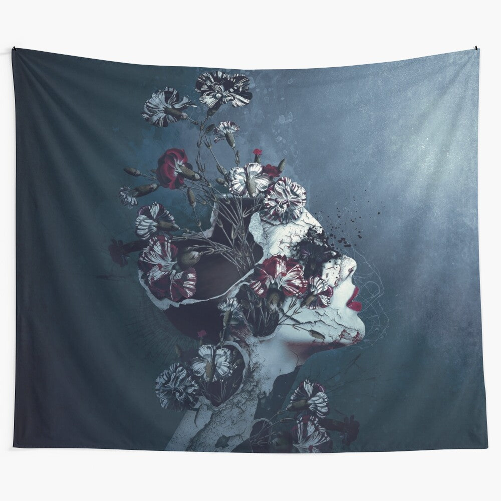 Mystical floral tapestry transitioning from day to night with surreal, moody colors