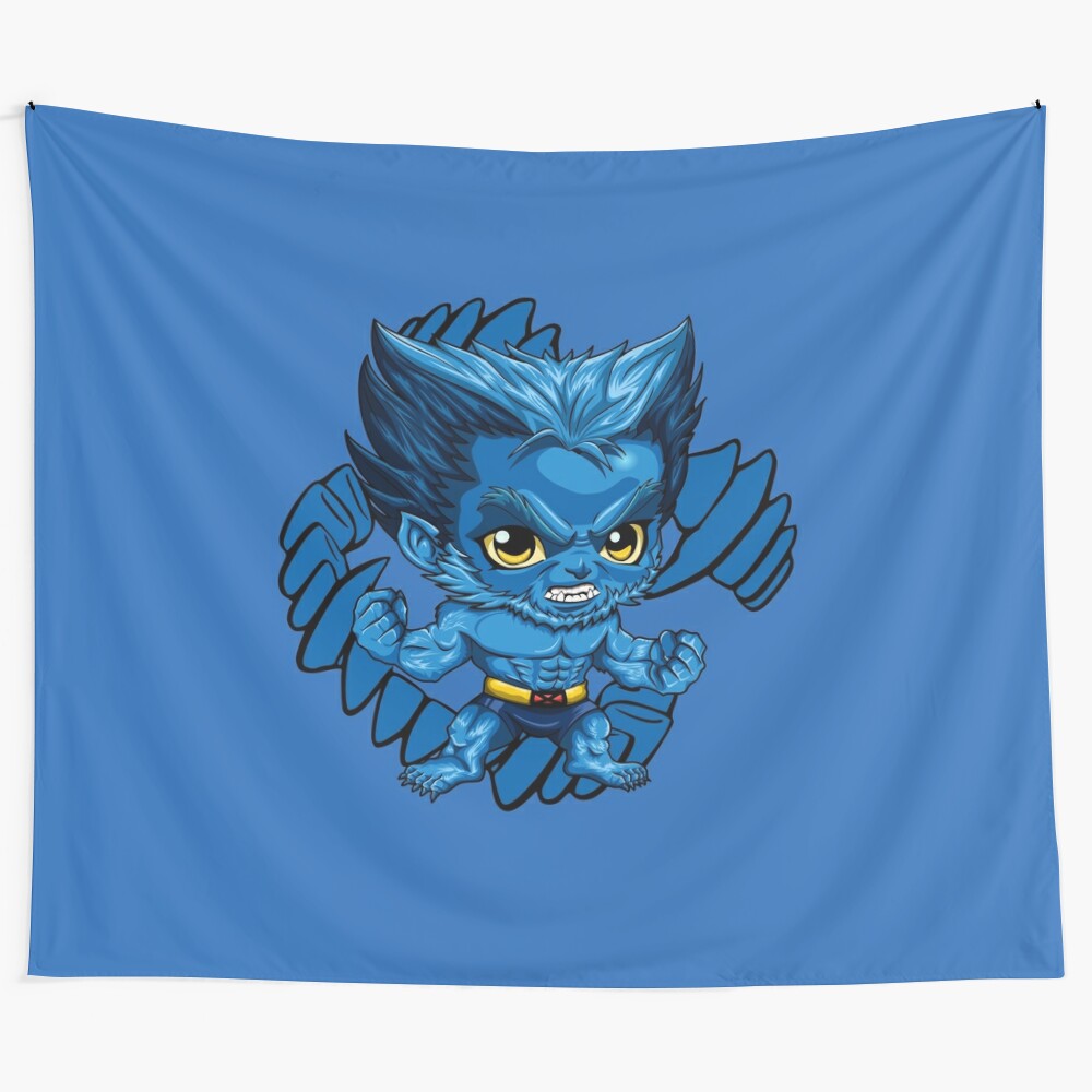 Cute and colorful chibi style tapestry featuring the blue mutant superhero from Marvel's X-Men