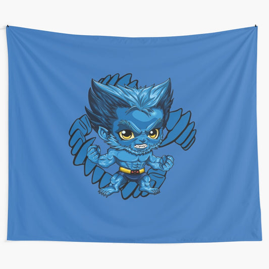 Cute and colorful chibi style tapestry featuring the blue mutant superhero from Marvel's X-Men