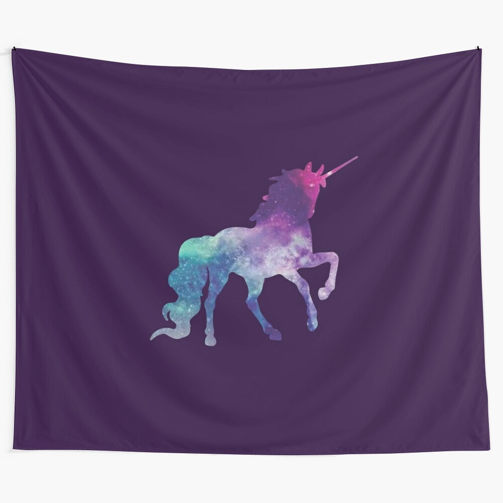 Vibrant galaxy unicorn tapestry with a mystical, whimsical design