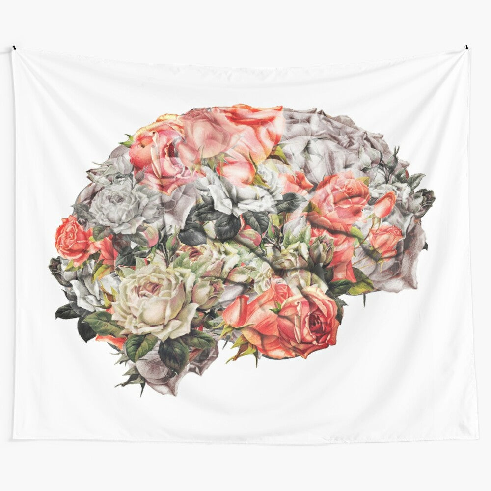 Mesmerizing floral brain tapestry featuring a collage of roses and the human brain in a minimalist, bohemian style