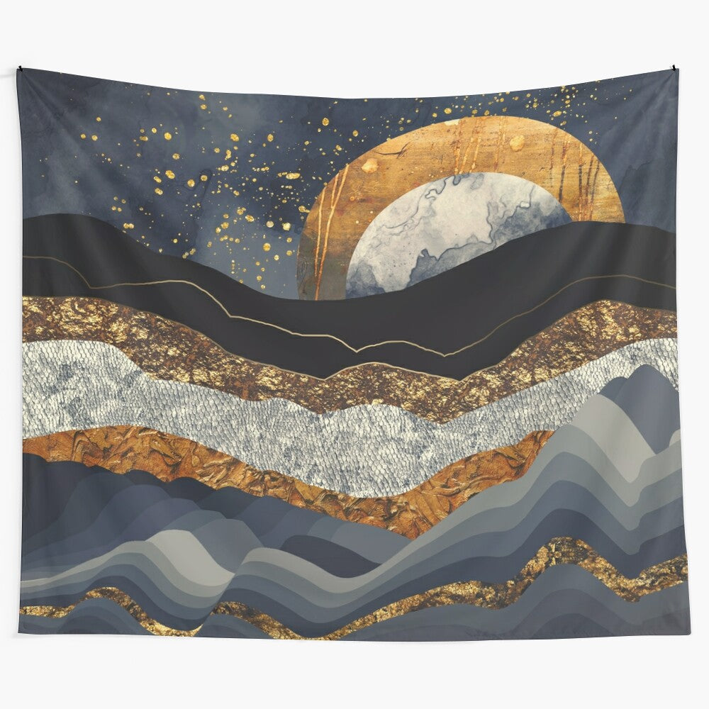 Metallic mountains tapestry featuring a celestial landscape with a starry night sky