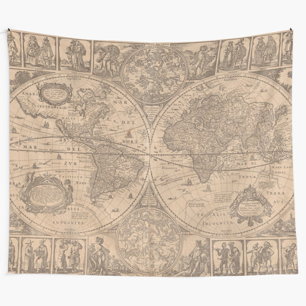 Vintage 1652 world map tapestry featuring detailed historical cartography and global geography