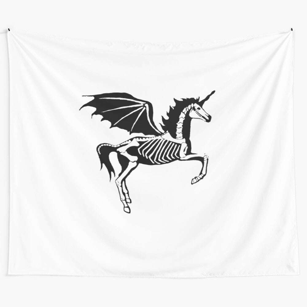 Unicorn skeleton floral tapestry featuring a mystical unicorn and dark gothic skeleton design