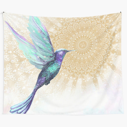 Hummingbird mandala tapestry featuring a vibrant, abstract design