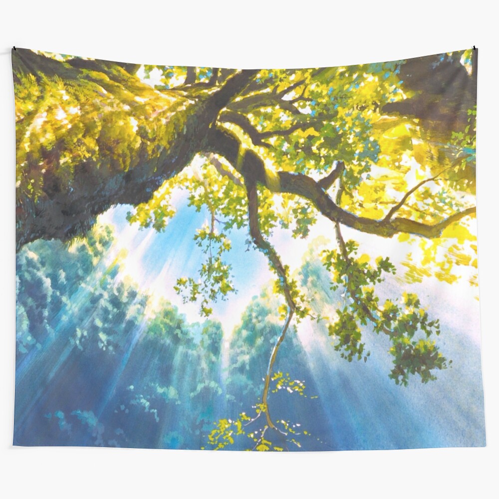 Enchanting forest tapestry with whimsical anime-inspired artwork