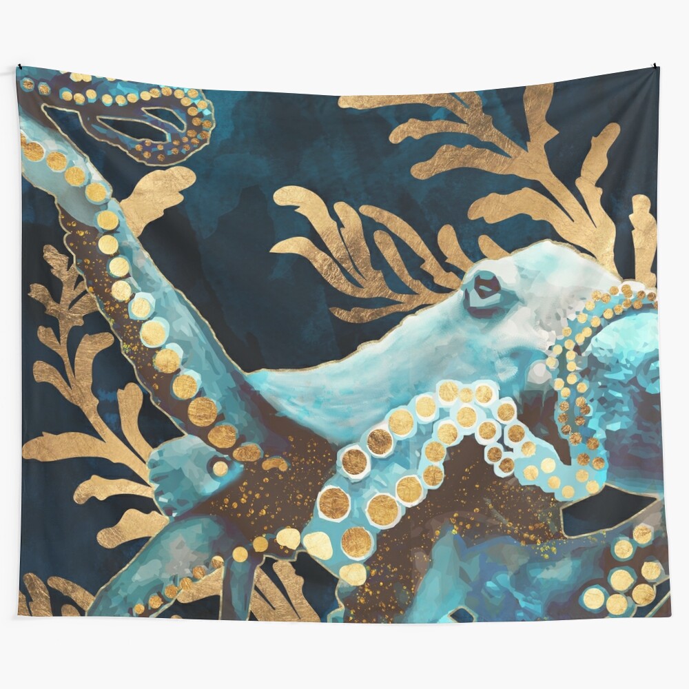 Indigo octopus tapestry with abstract, underwater design