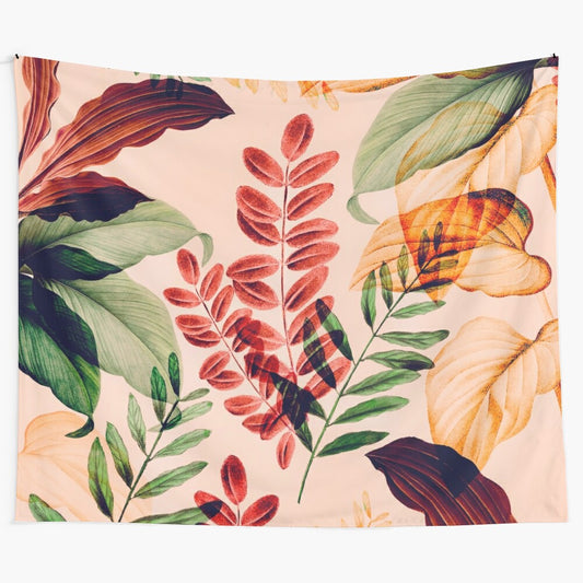 Tropical rainforest tapestry with lush greenery, palm leaves, and botanical elements