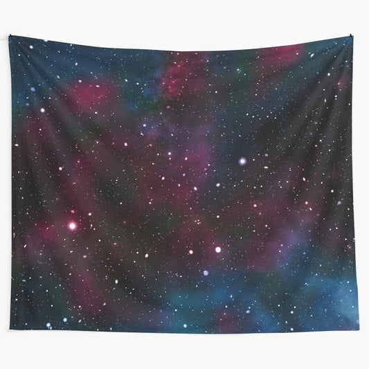 Colorful galaxy tapestry wall hanging with stars, planets, and cosmic elements