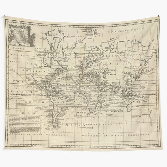 Vintage 1747 world map tapestry showcasing historical global geography