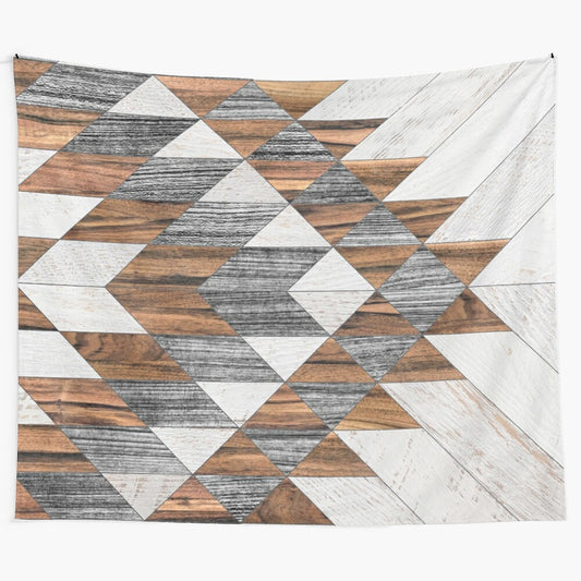 Tribal abstract pattern wood tapestry with Aztec-inspired design