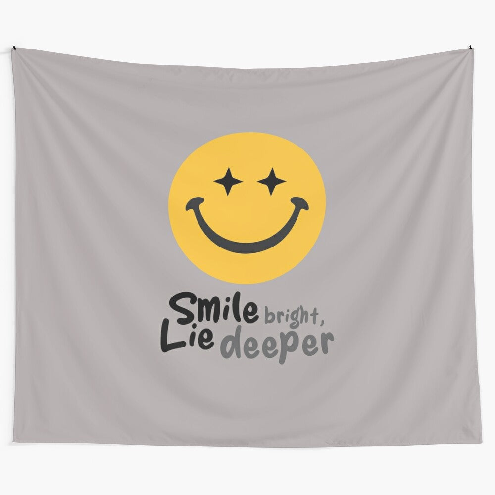 Vibrant tapestry featuring a smiling character with an inspirational quote about positivity and happiness