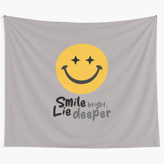 Vibrant tapestry featuring a smiling character with an inspirational quote about positivity and happiness