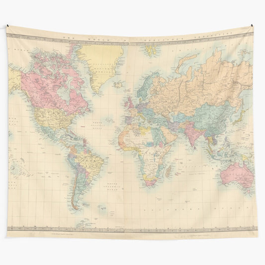 Vintage-style world map tapestry featuring an antique, historical cartographic design