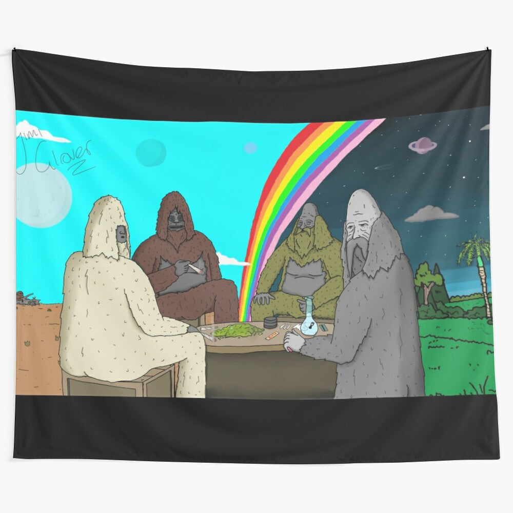 Tapestry featuring secret sasquatch society inspired by the popular TV show The Big Lez Show